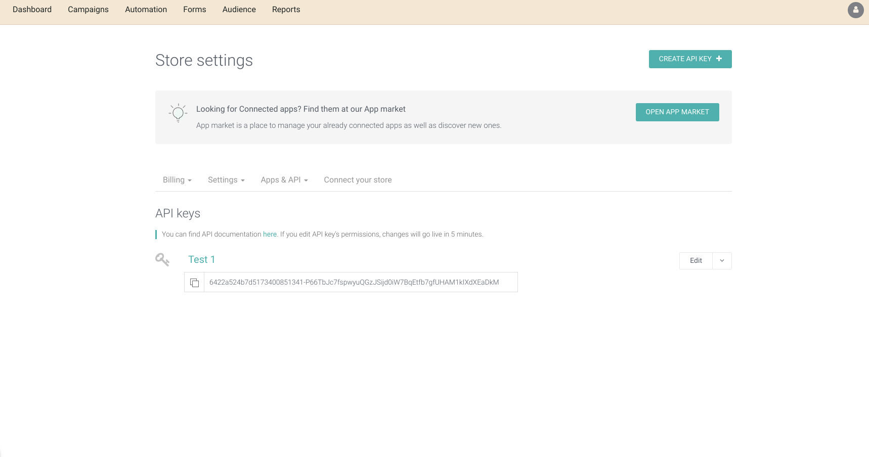 Omnisend Create API Key button on API Keys page