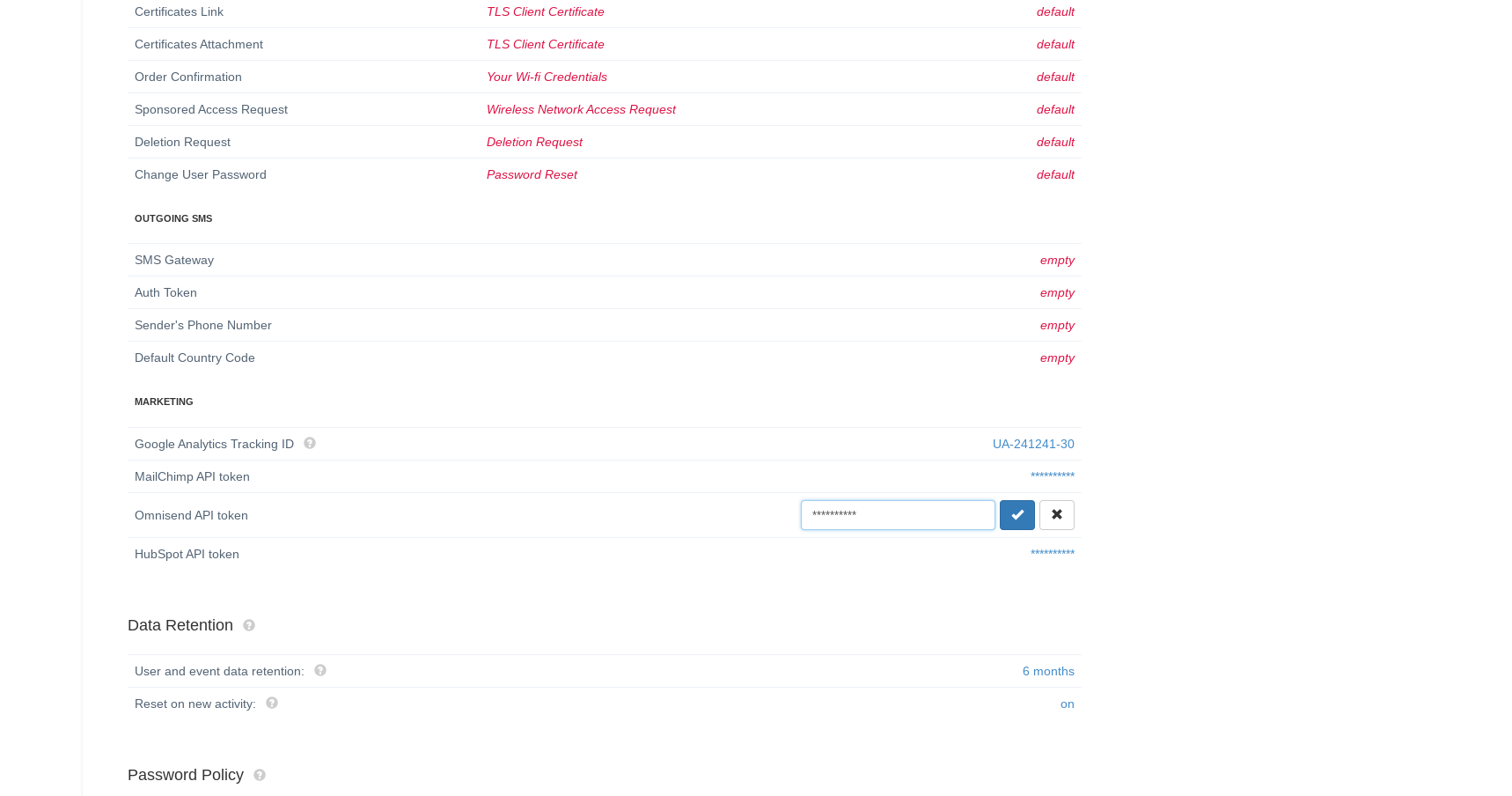 Omnisend API key pasted into IronWiFi Marketing settings