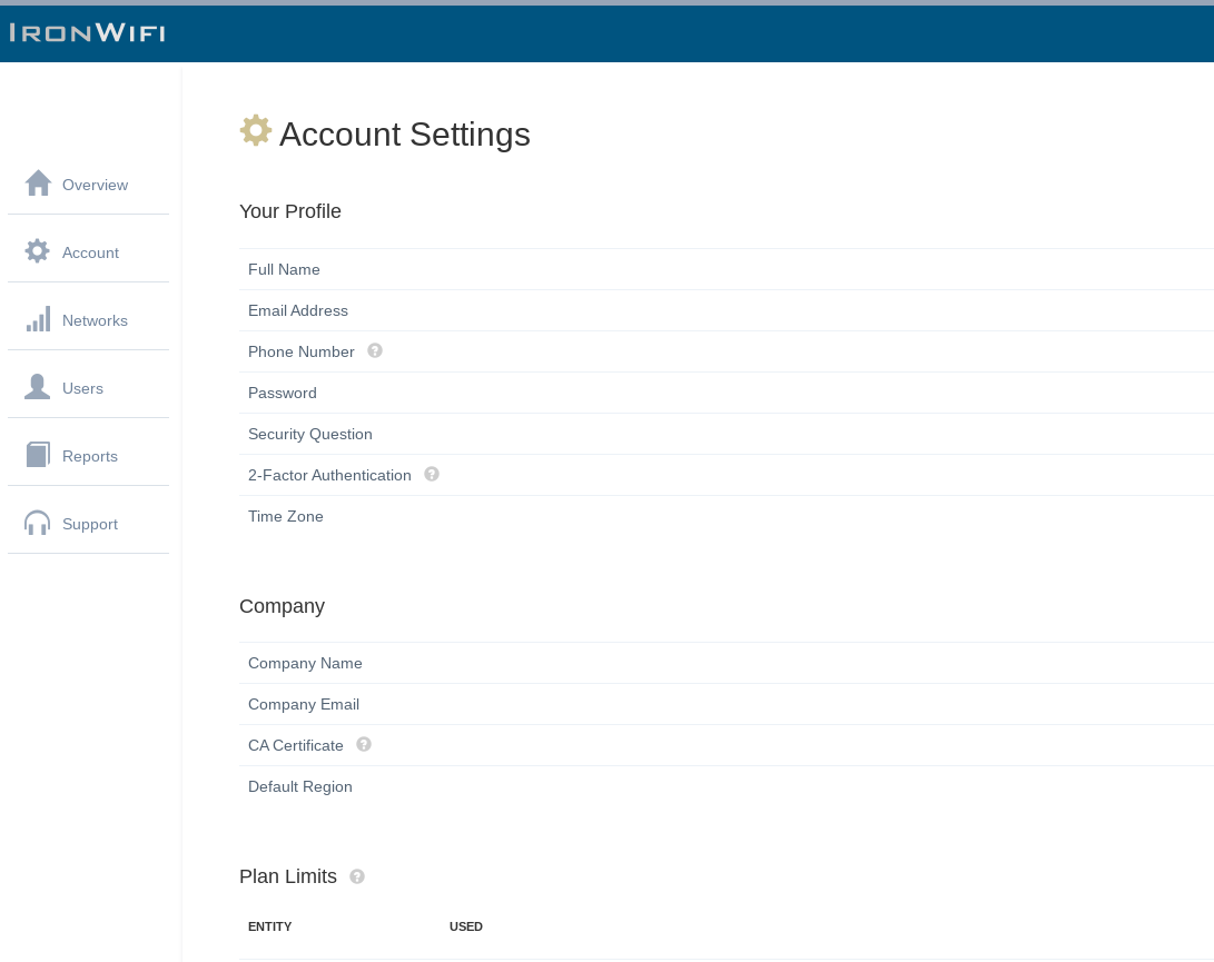 IronWiFi Console Account Settings with Marketing section for API key