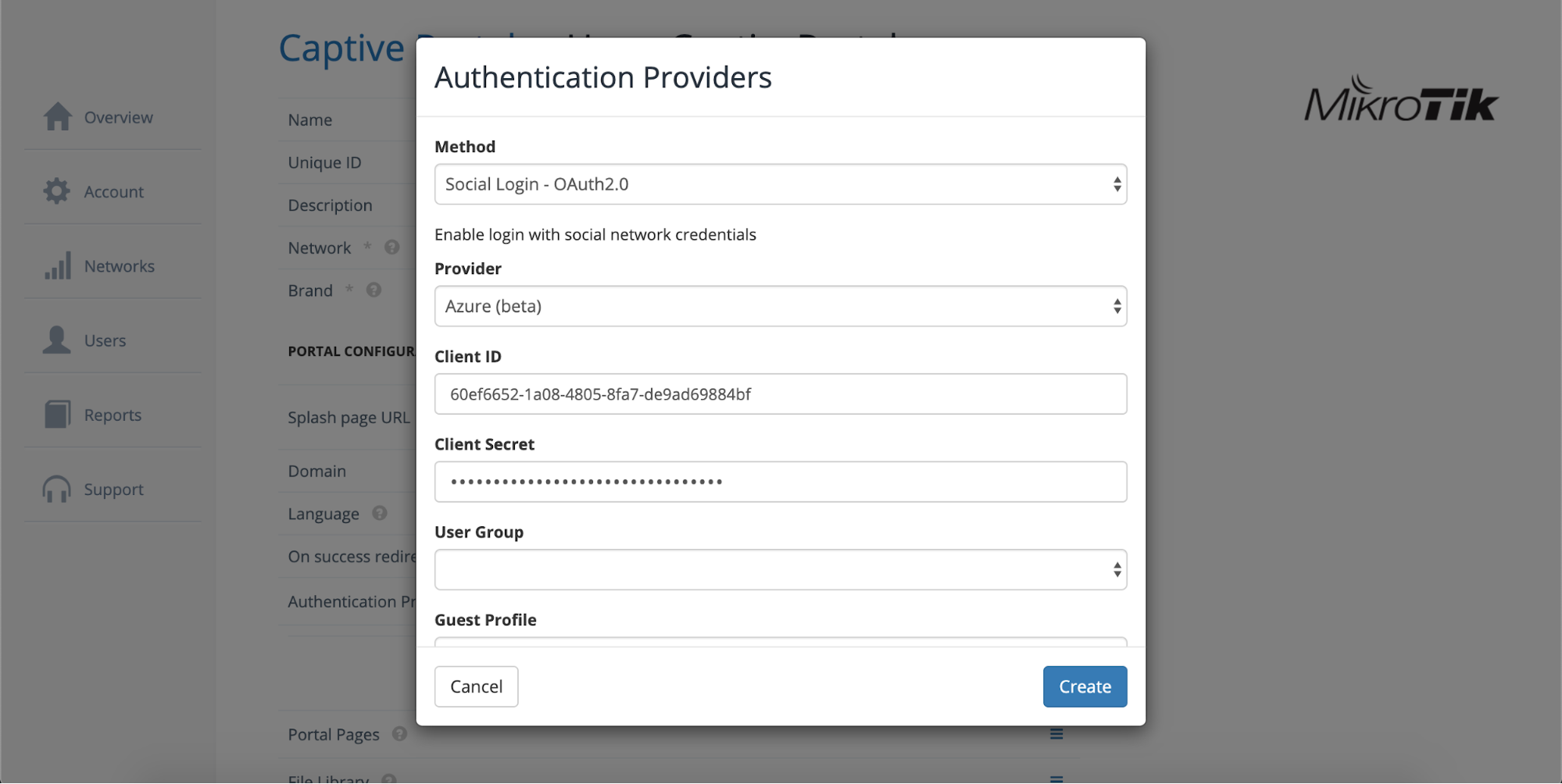 IronWiFi Authentication Providers dialog configured for Azure OAuth with Client ID and Client Secret fields