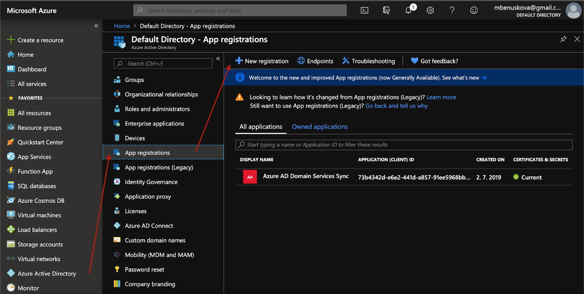 Azure App registrations page showing registered applications