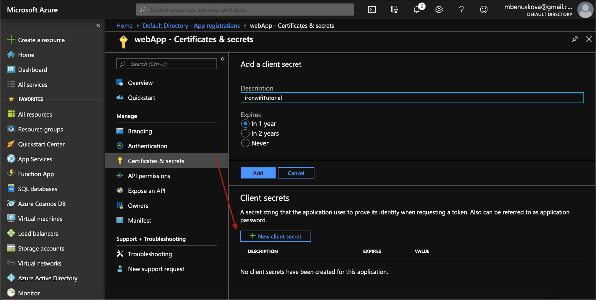 Azure Certificates and secrets page with Add a client secret dialog