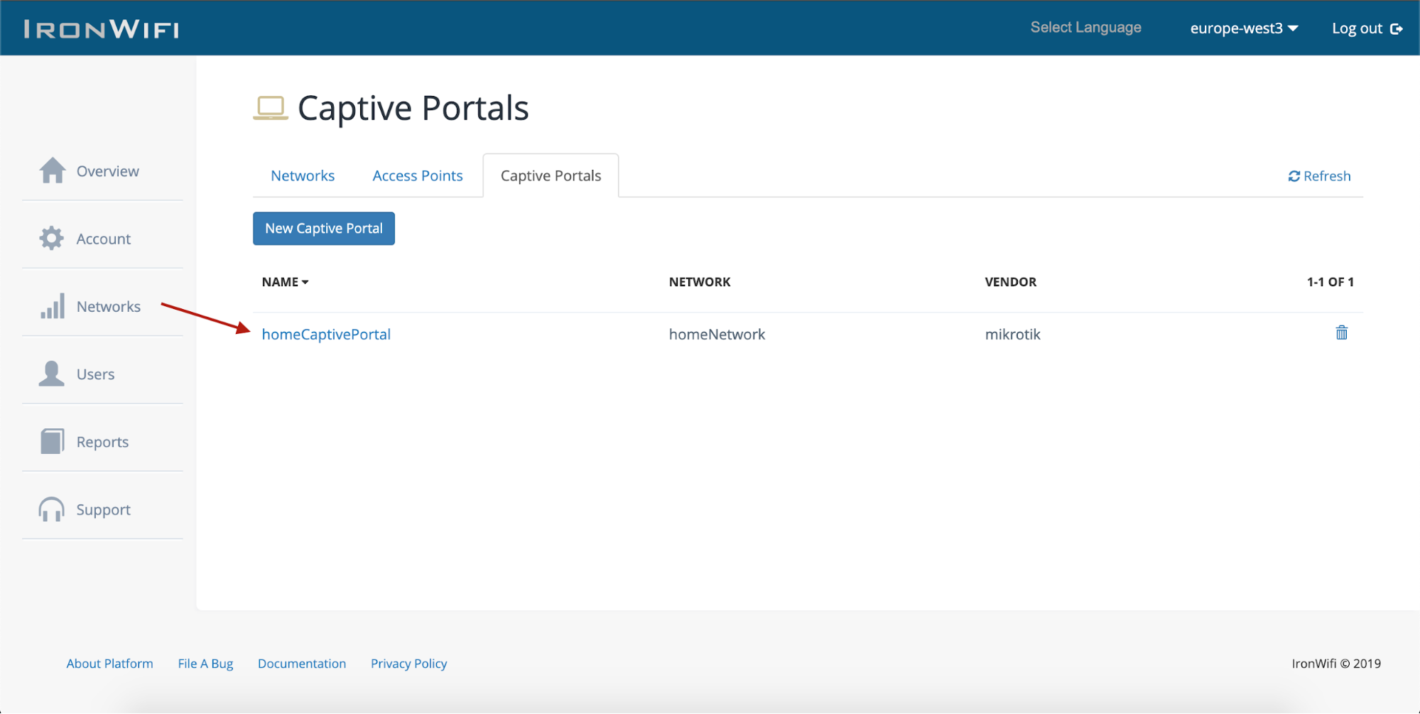 IronWiFi Captive Portals list page