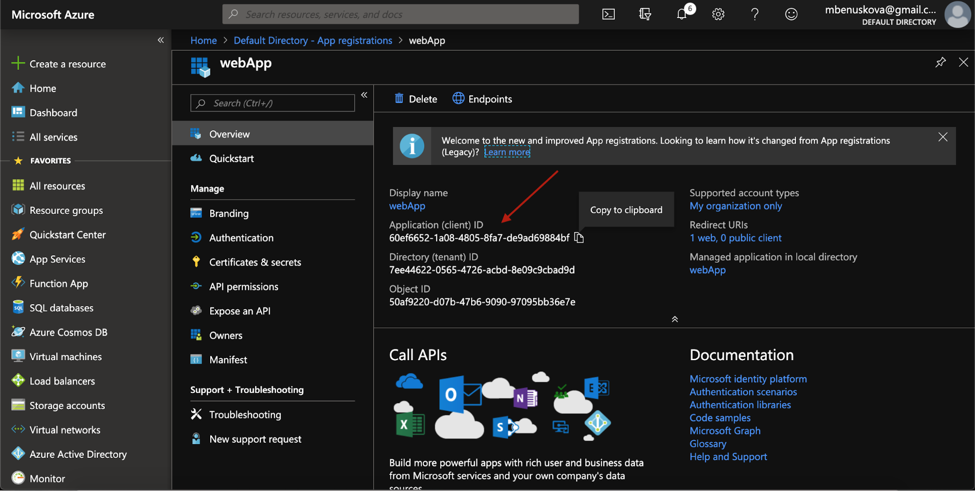 Azure App registration Overview showing Application (client) ID
