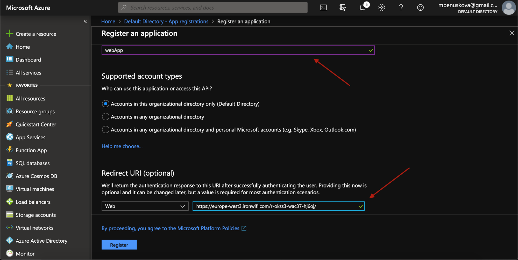 Azure Register an application form with name, account type, and redirect URI fields