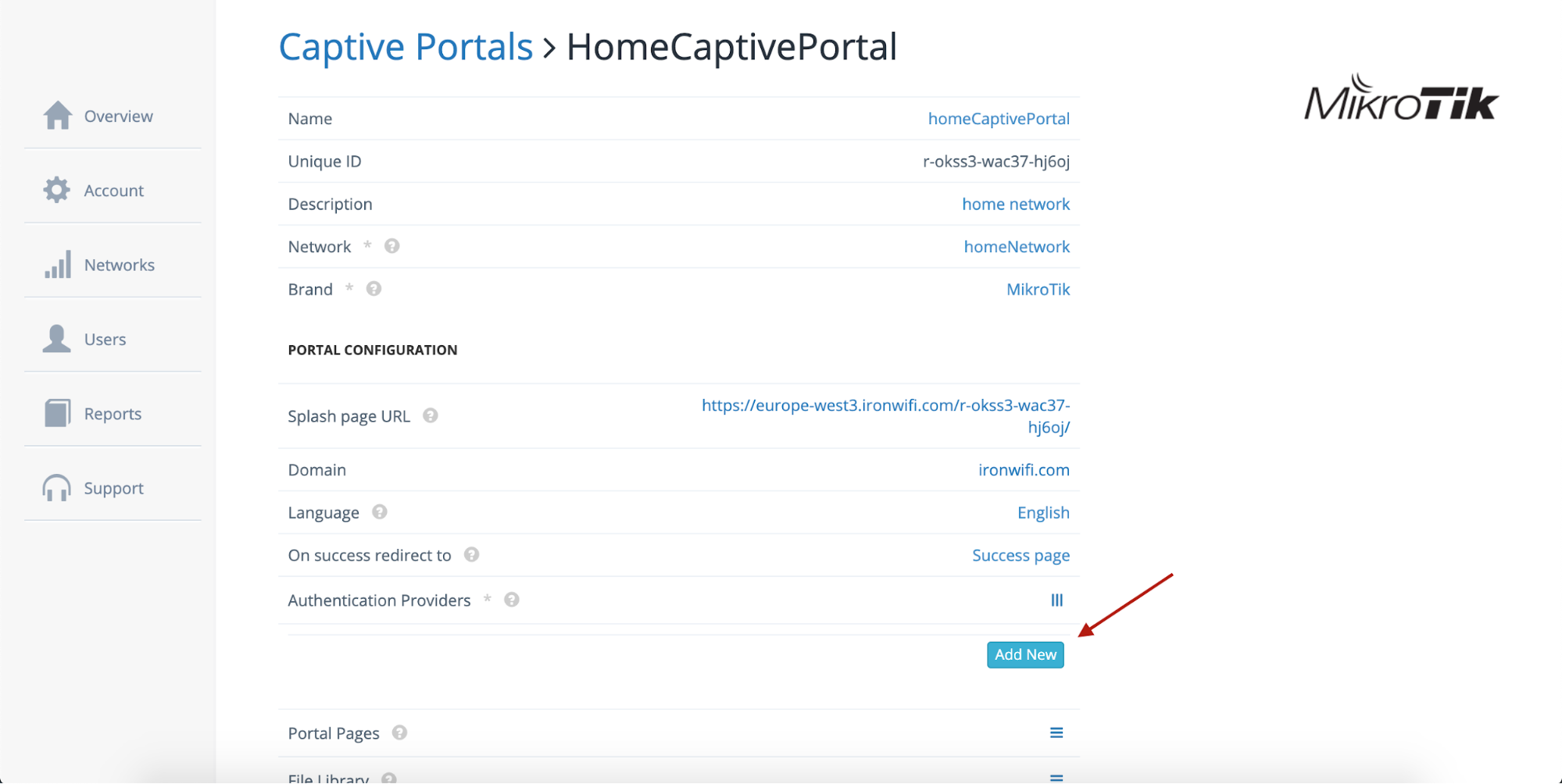 IronWiFi Captive Portal settings page showing Authentication Providers section with Add New button