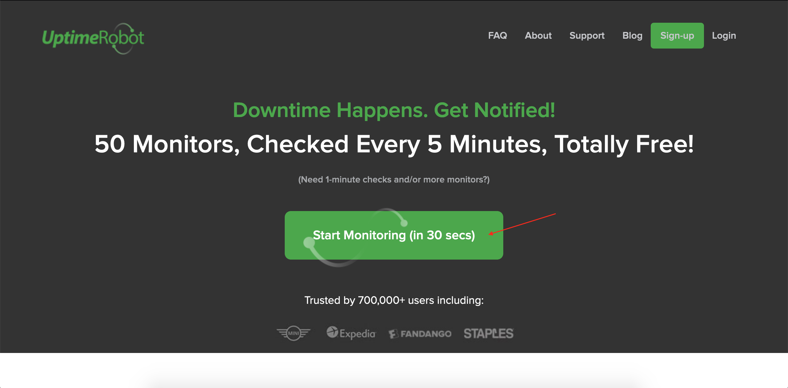 UptimeRobot homepage - Start Monitoring