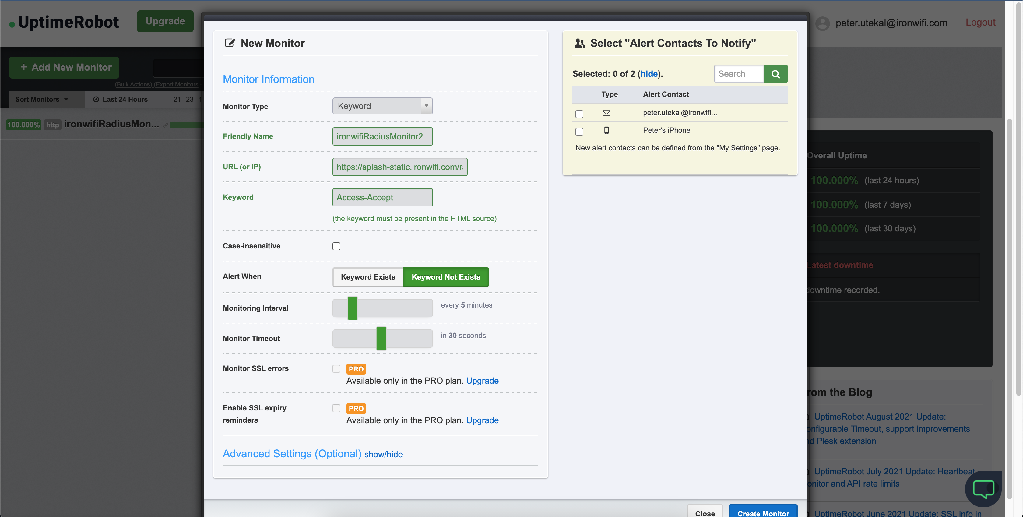 UptimeRobot New Monitor configuration - Keyword type for RADIUS monitoring