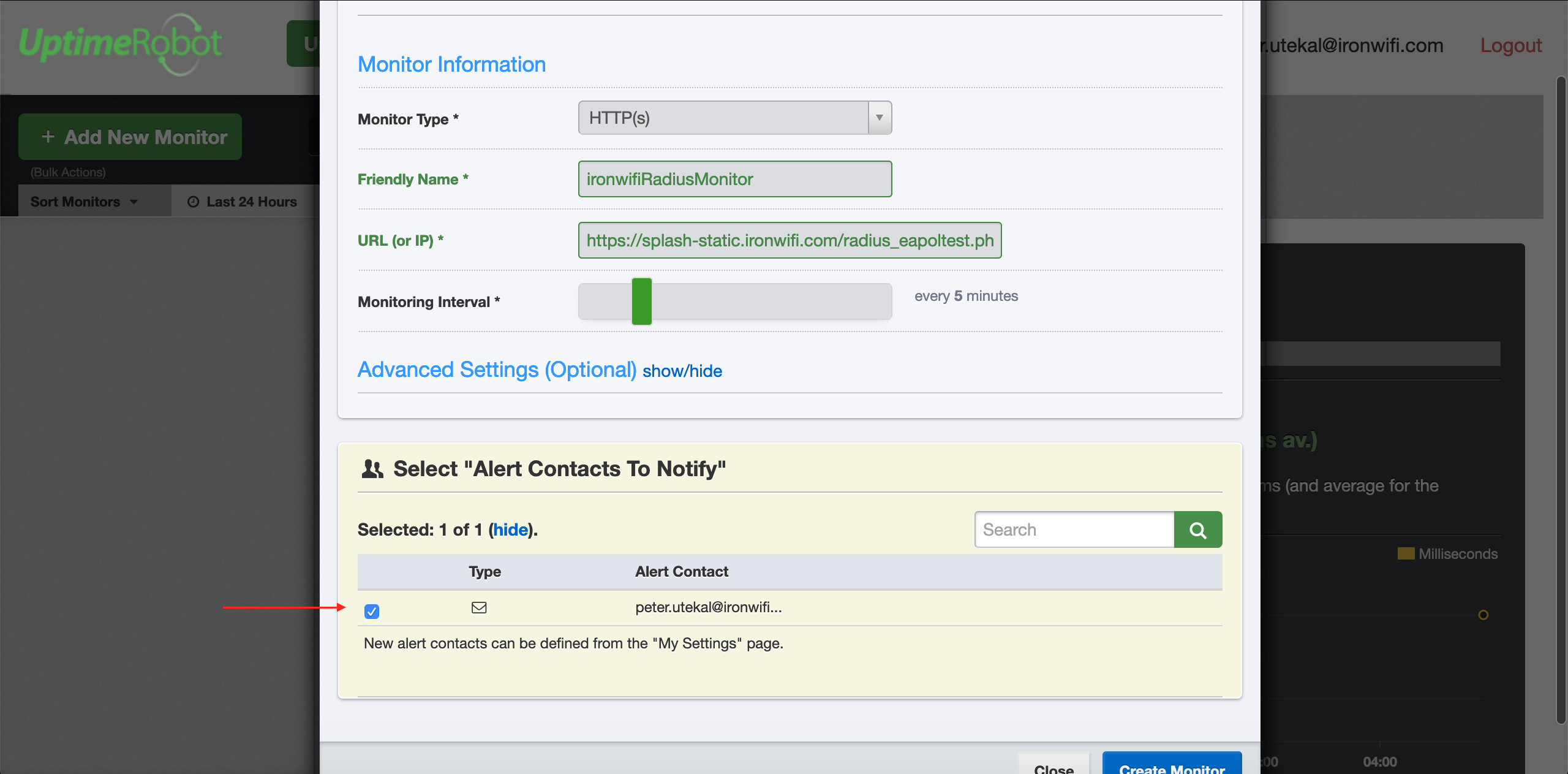 UptimeRobot New Monitor configuration - HTTP type for captive portal