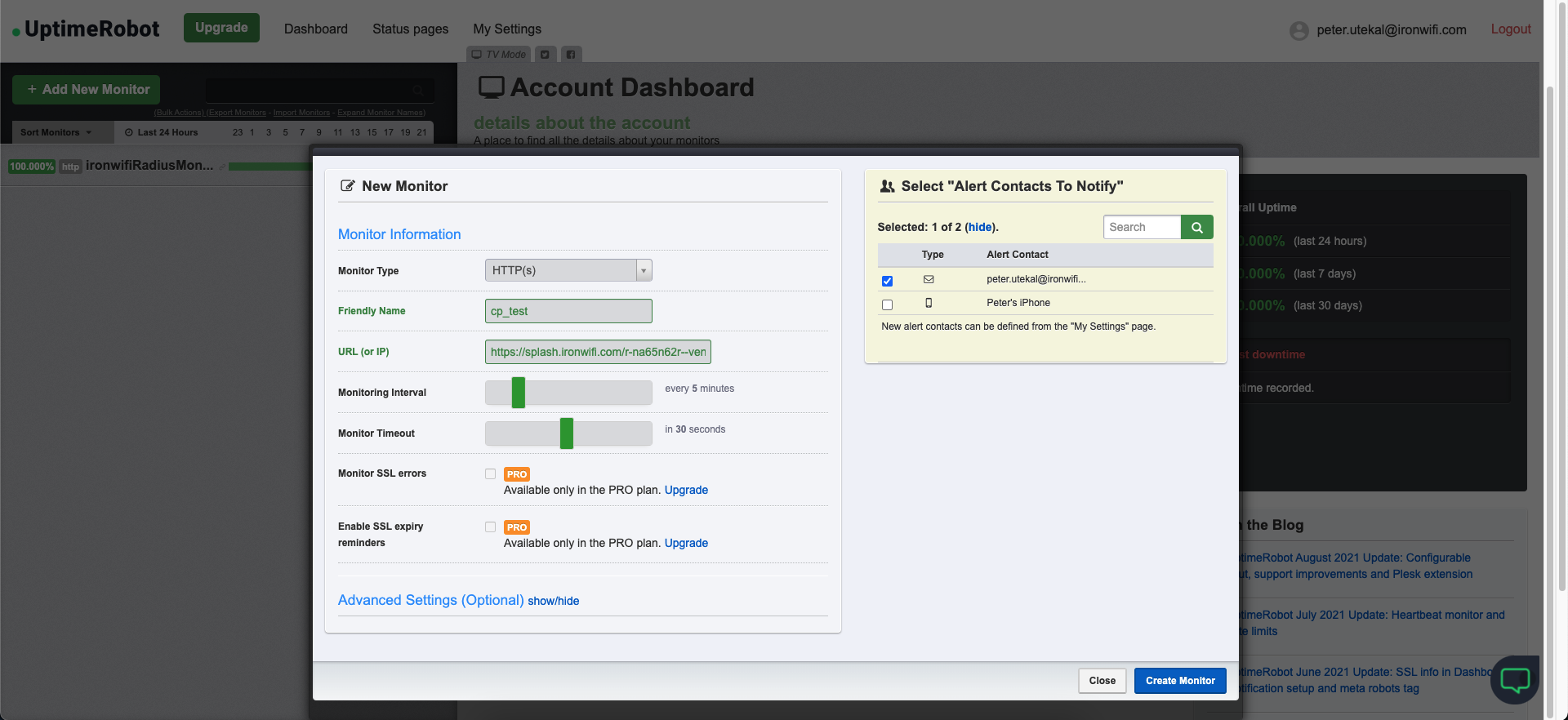 UptimeRobot New Monitor configuration - HTTP type for RADIUS endpoint