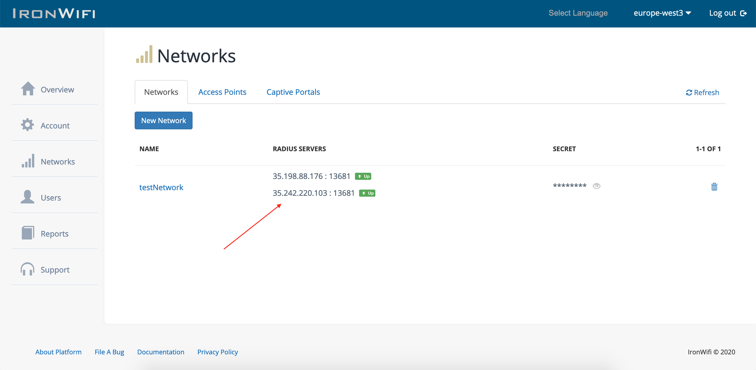 IronWiFi Networks page showing RADIUS server IPs and shared secret