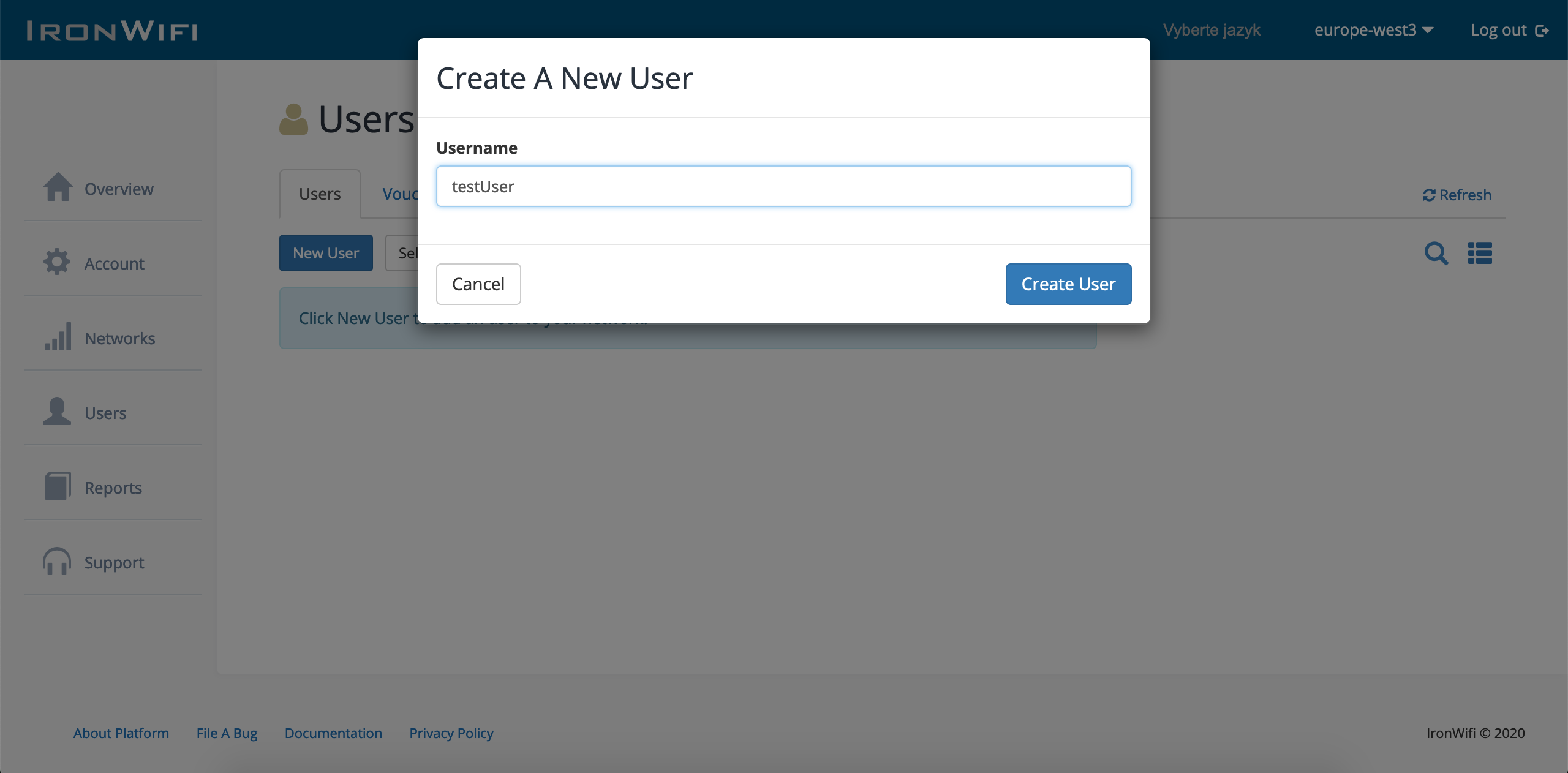 IronWiFi Create A New User dialog