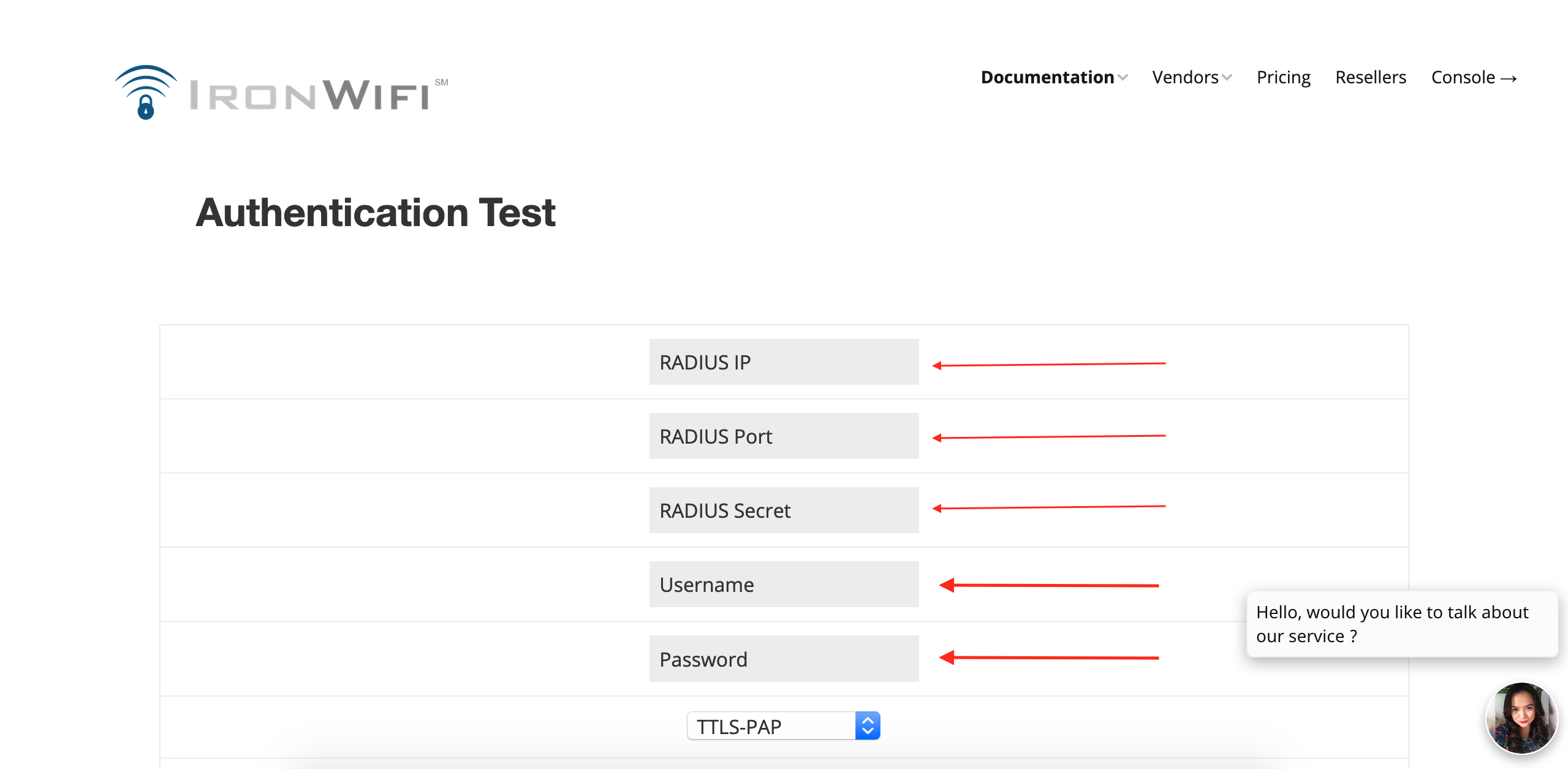 IronWiFi Authentication Test form with RADIUS server fields