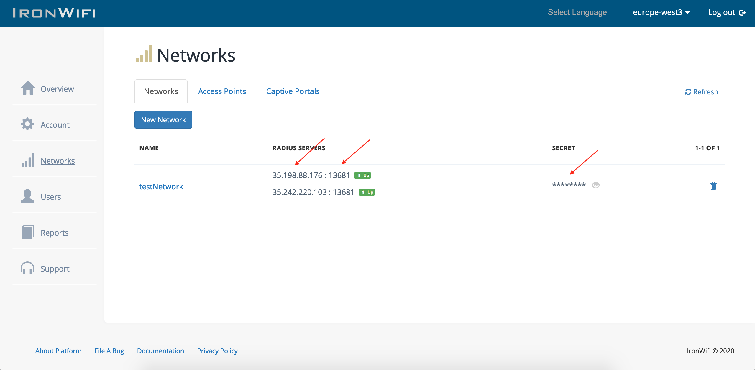 IronWiFi Networks page with RADIUS server details highlighted