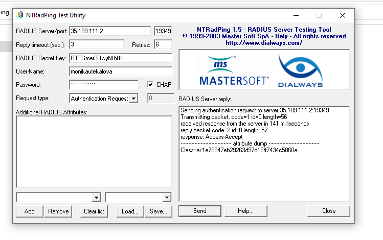 NTRadPing Test Utility showing RADIUS authentication request and response