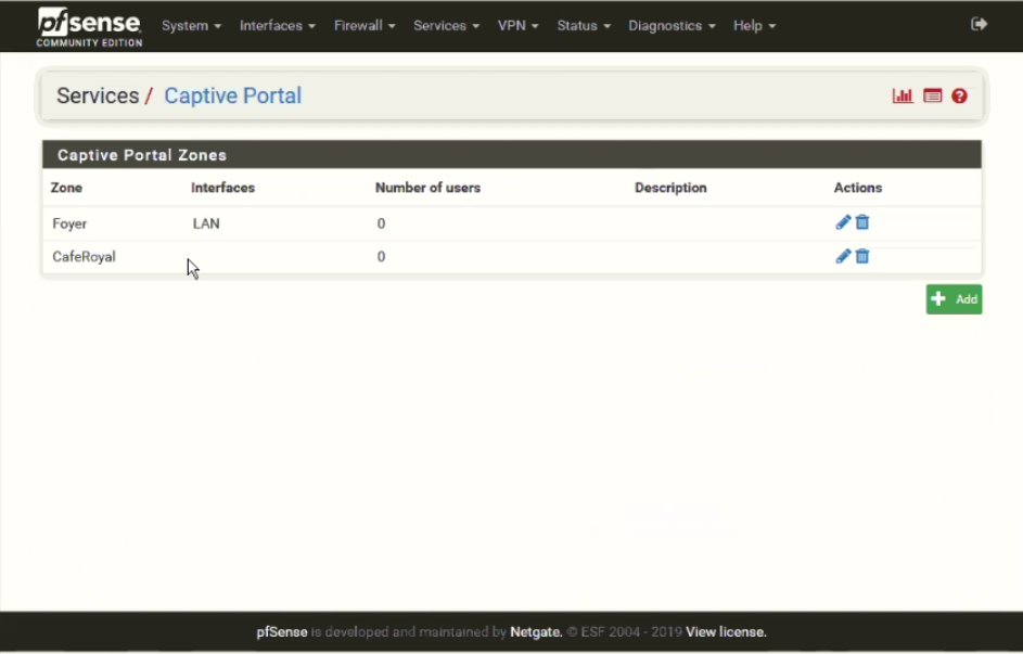 pfSense Services menu with Captive Portal option