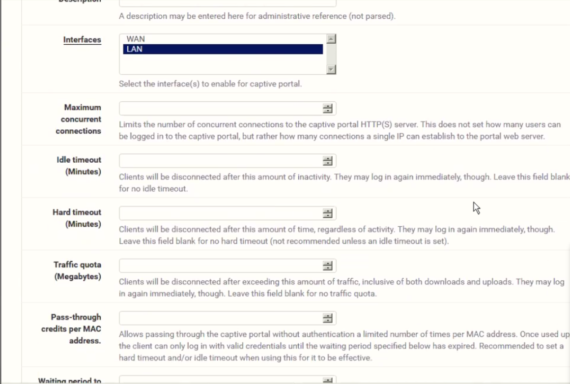pfSense Captive Portal zone settings continued