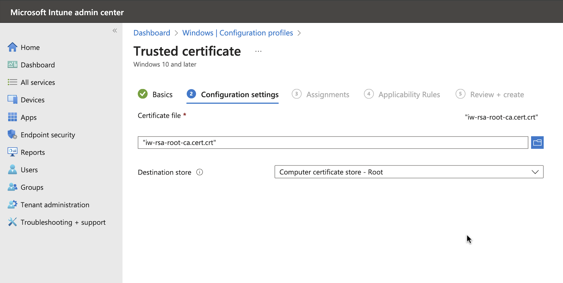 Trusted RADIUS certificate configuration