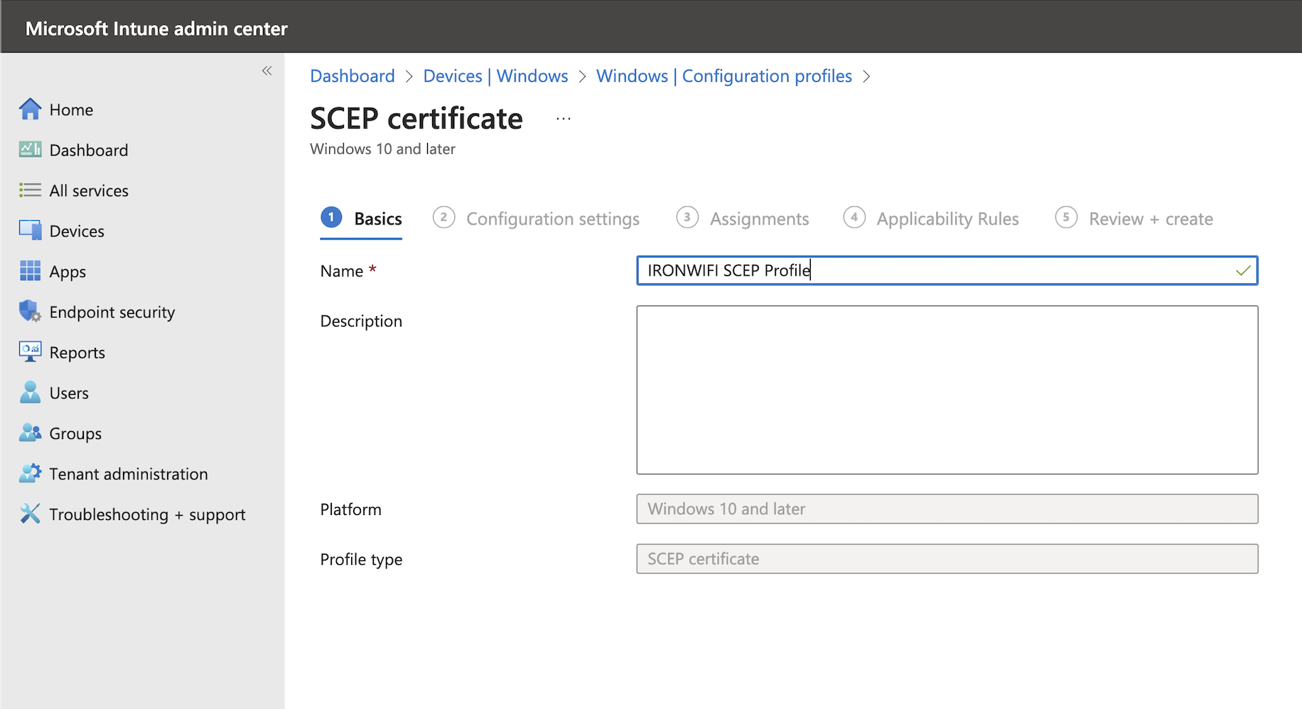 SCEP certificate template selection