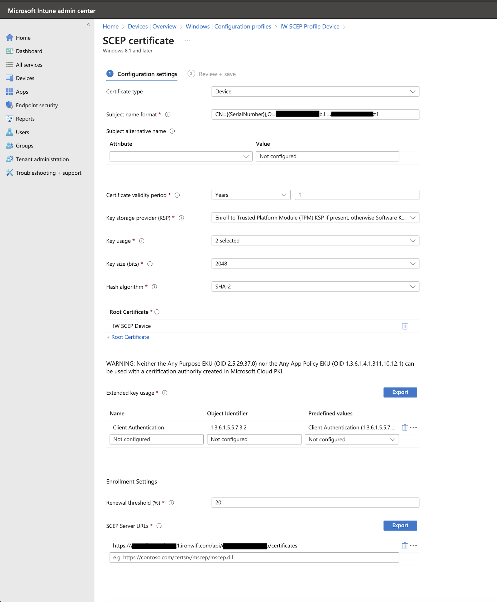 WiFi profile settings