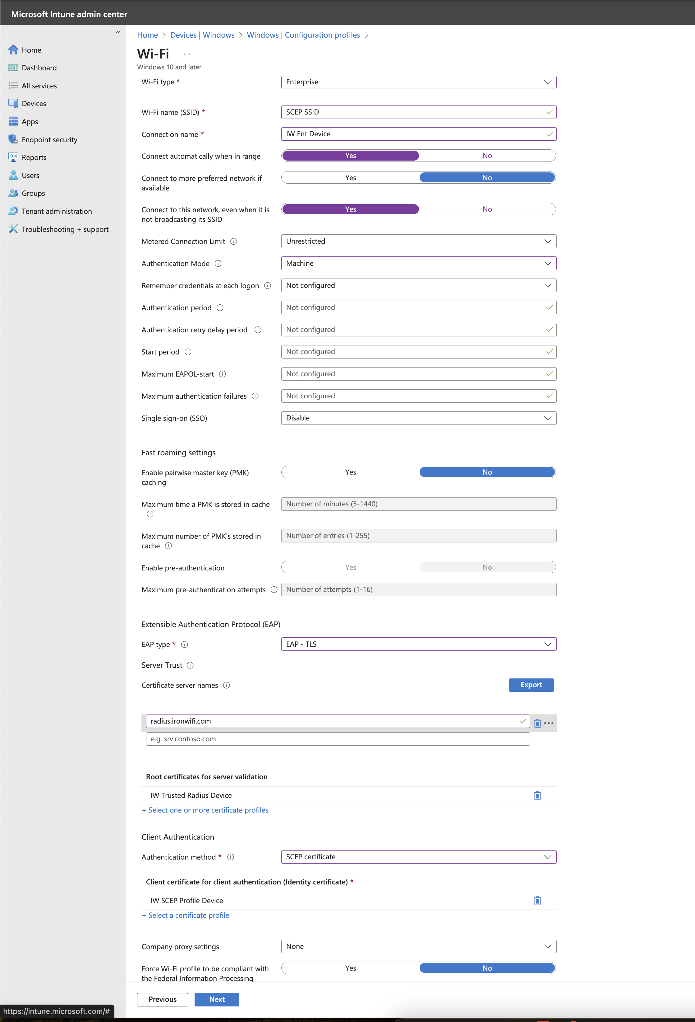 WiFi EAP-TLS settings