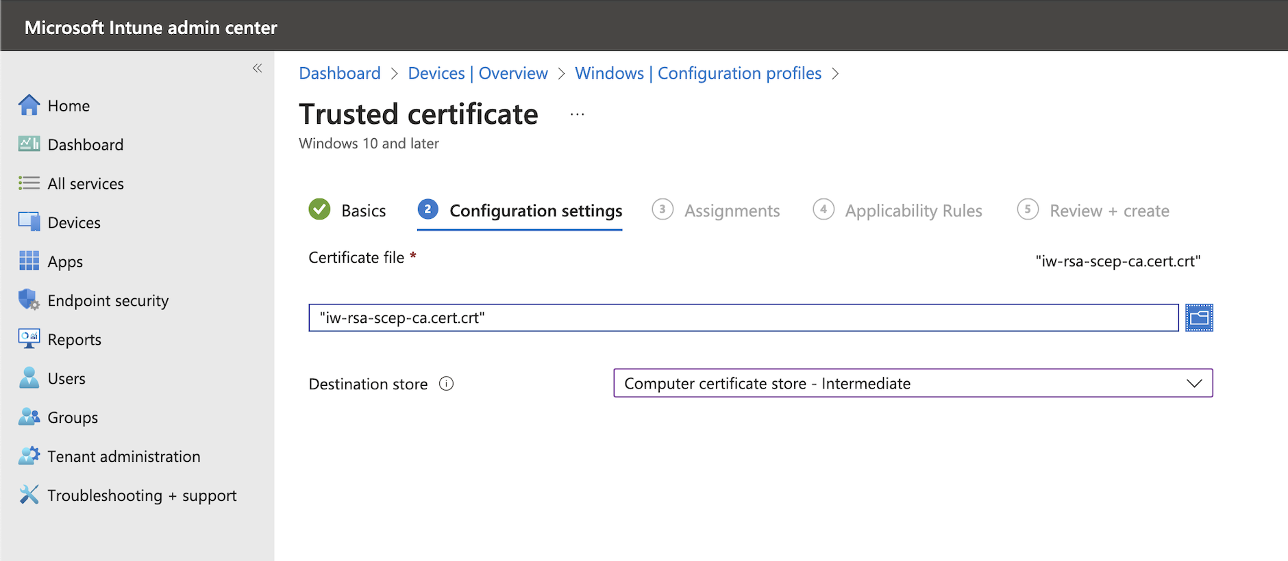 SCEP certificate settings