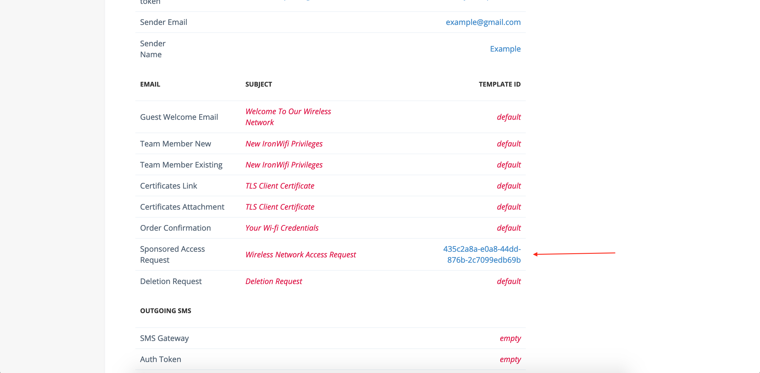 IronWiFi email settings with SendGrid Template ID configured