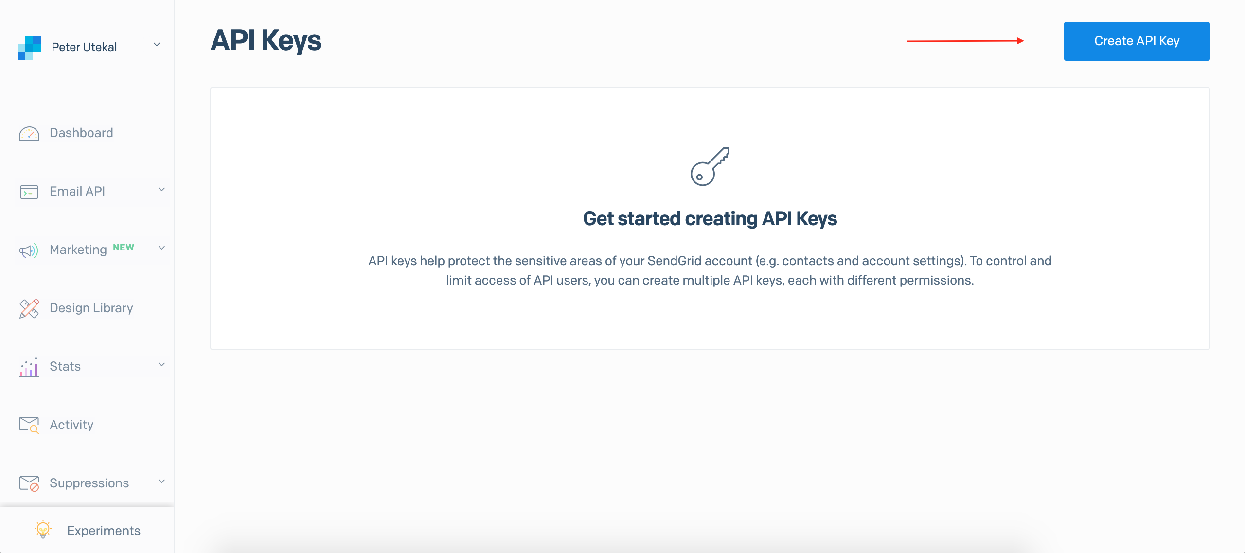 SendGrid API Keys page with Create API Key button