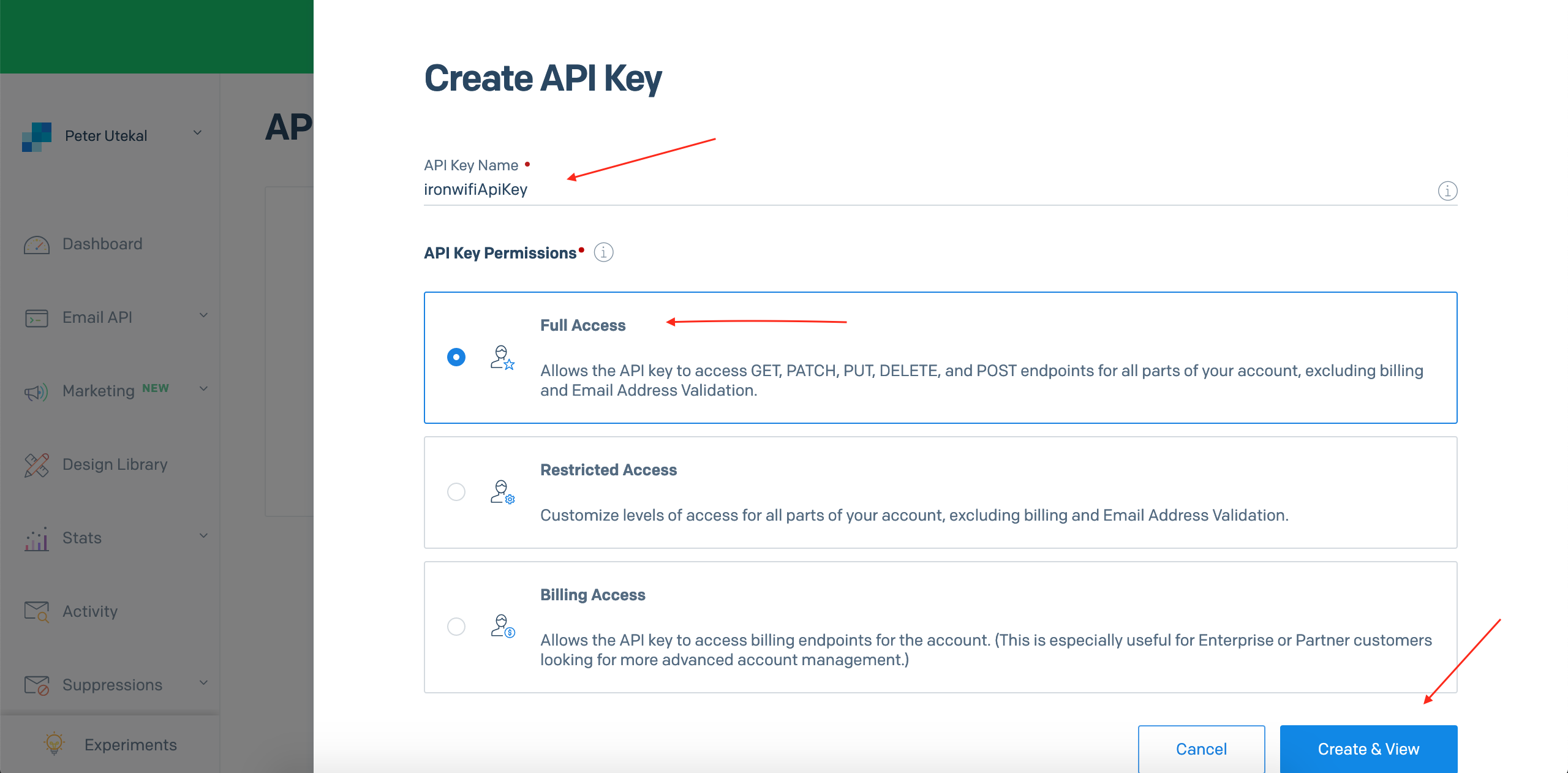 Create API Key - set name and select Full Access permissions