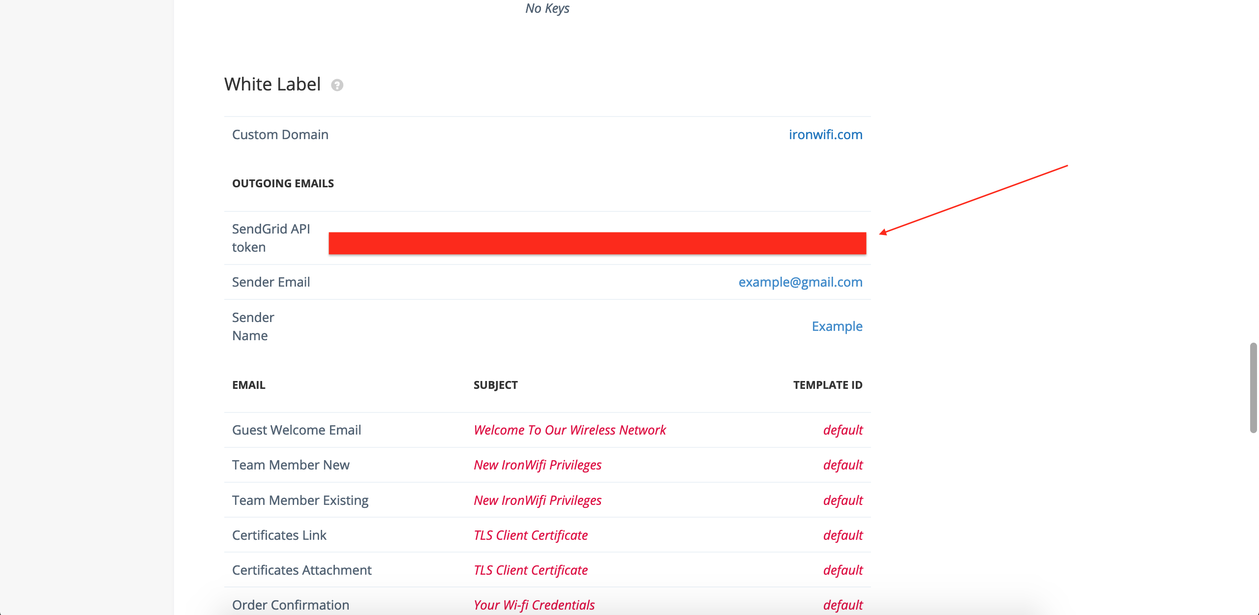 IronWiFi white label settings with SendGrid API token and email configuration