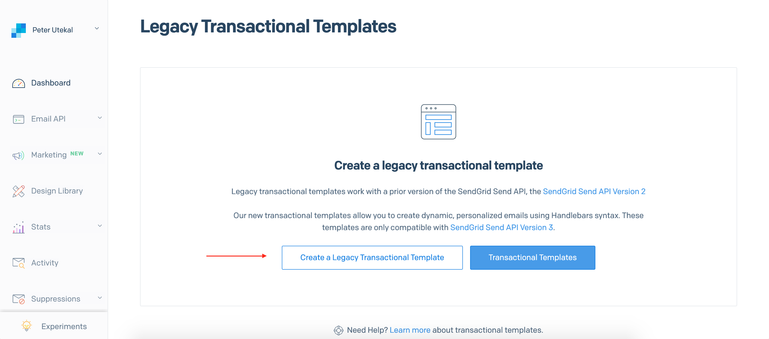 SendGrid Transactional Templates page