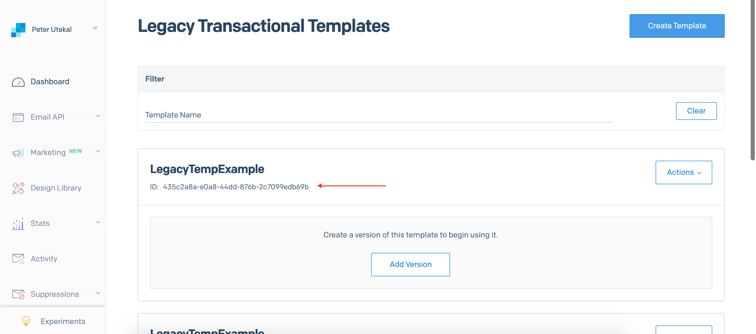 Template created with Template ID displayed