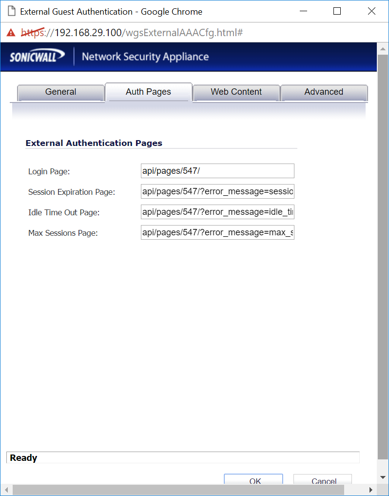 SonicWall external captive portal URL settings
