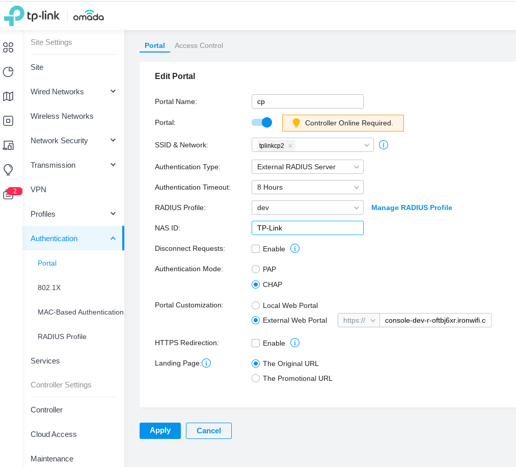 TP-Link Omada Controller RADIUS profile configuration
