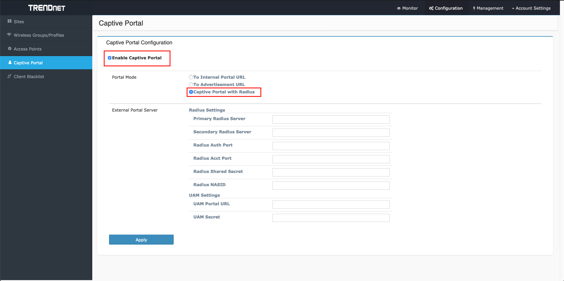 TRENDnet Enable Captive Portal with RADIUS option