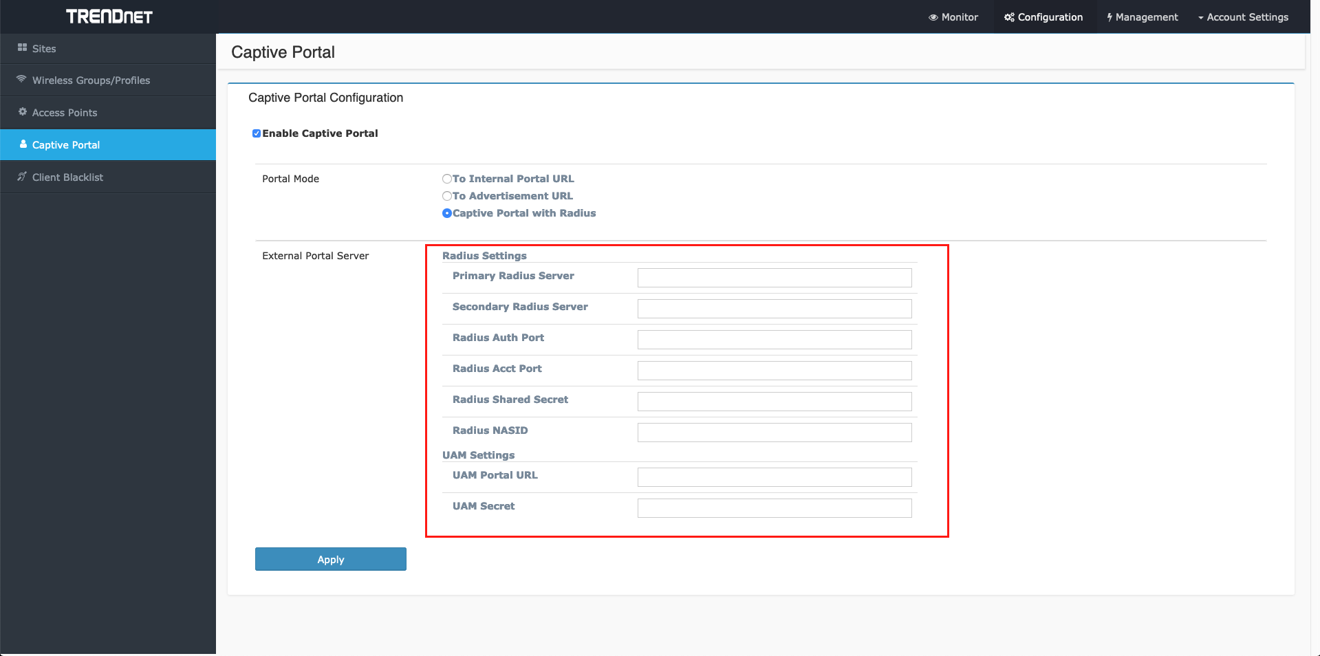 TRENDnet RADIUS server configuration form