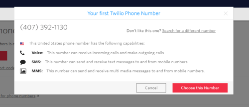 Twilio phone number selection dialog showing Voice, SMS, and MMS capabilities