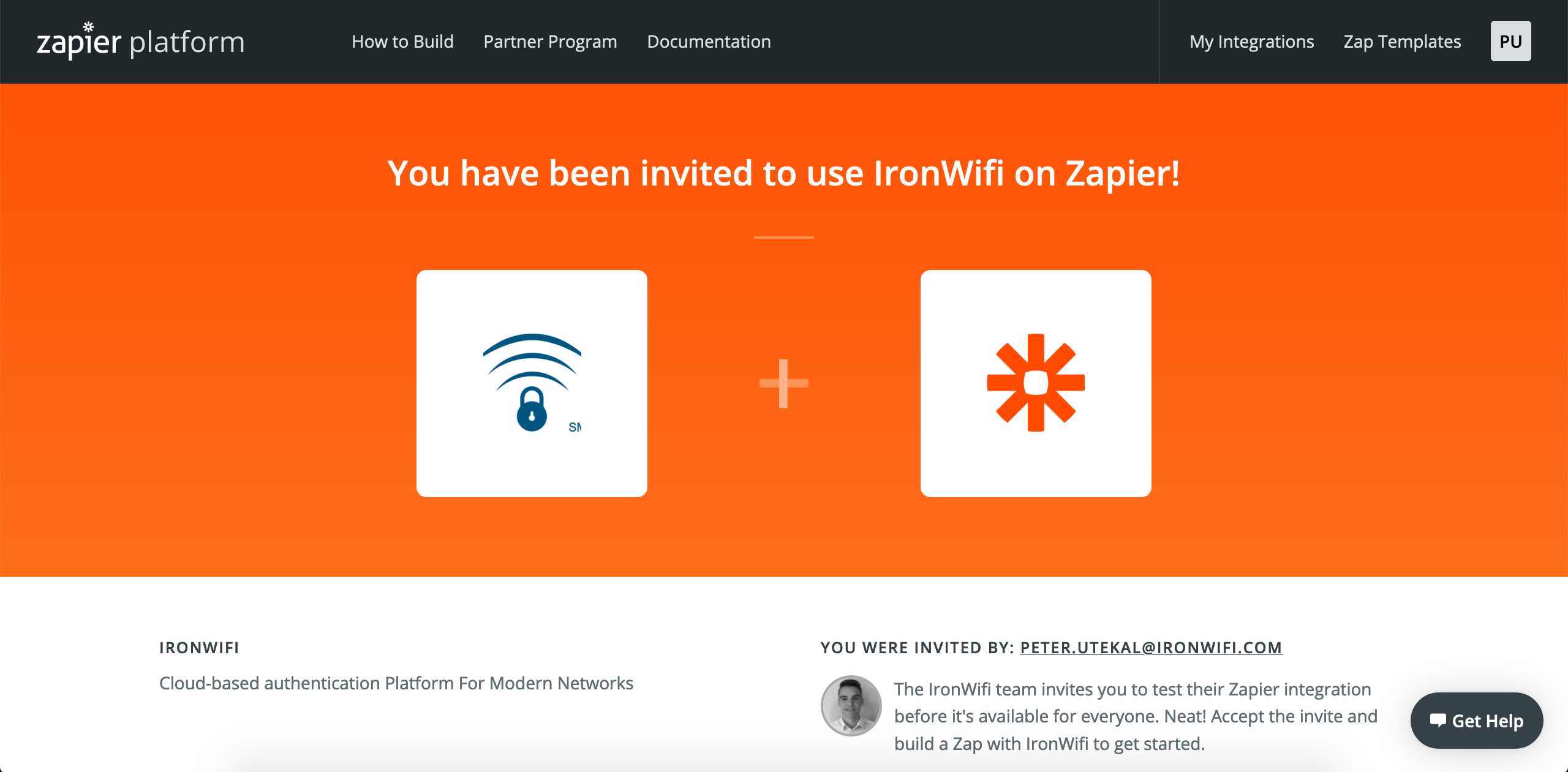 IronWiFi invitation on Zapier platform