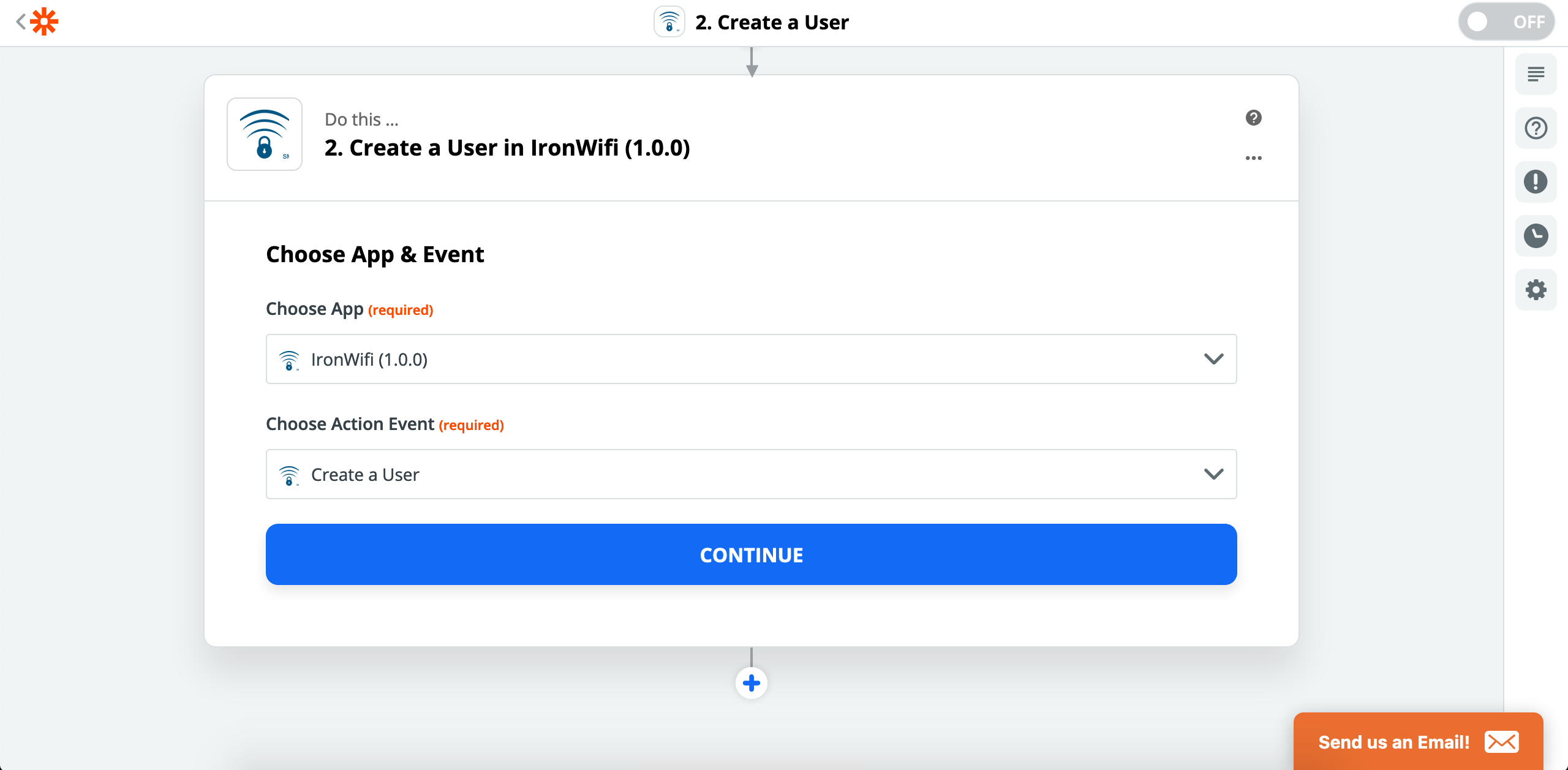 Select Create a User action in IronWiFi