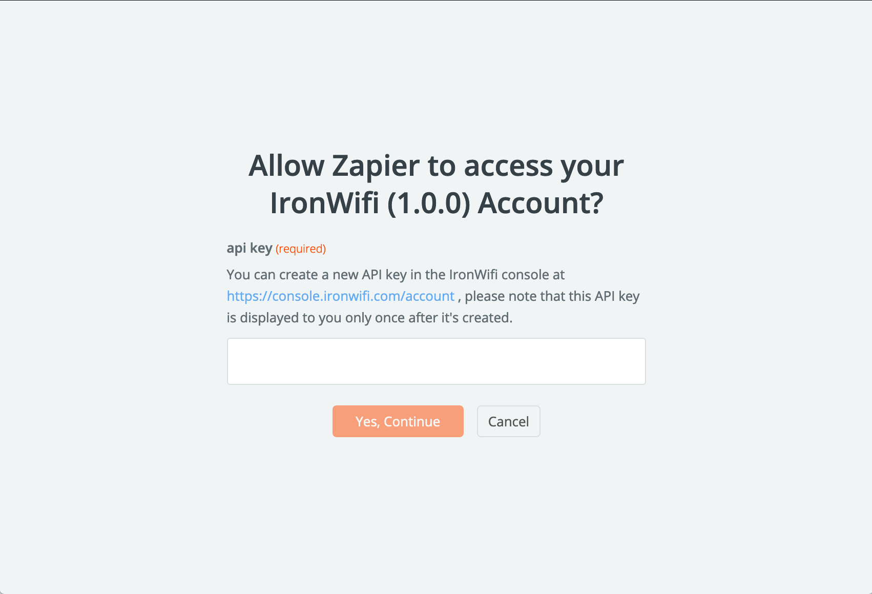 Enter IronWiFi API key to authorize Zapier access