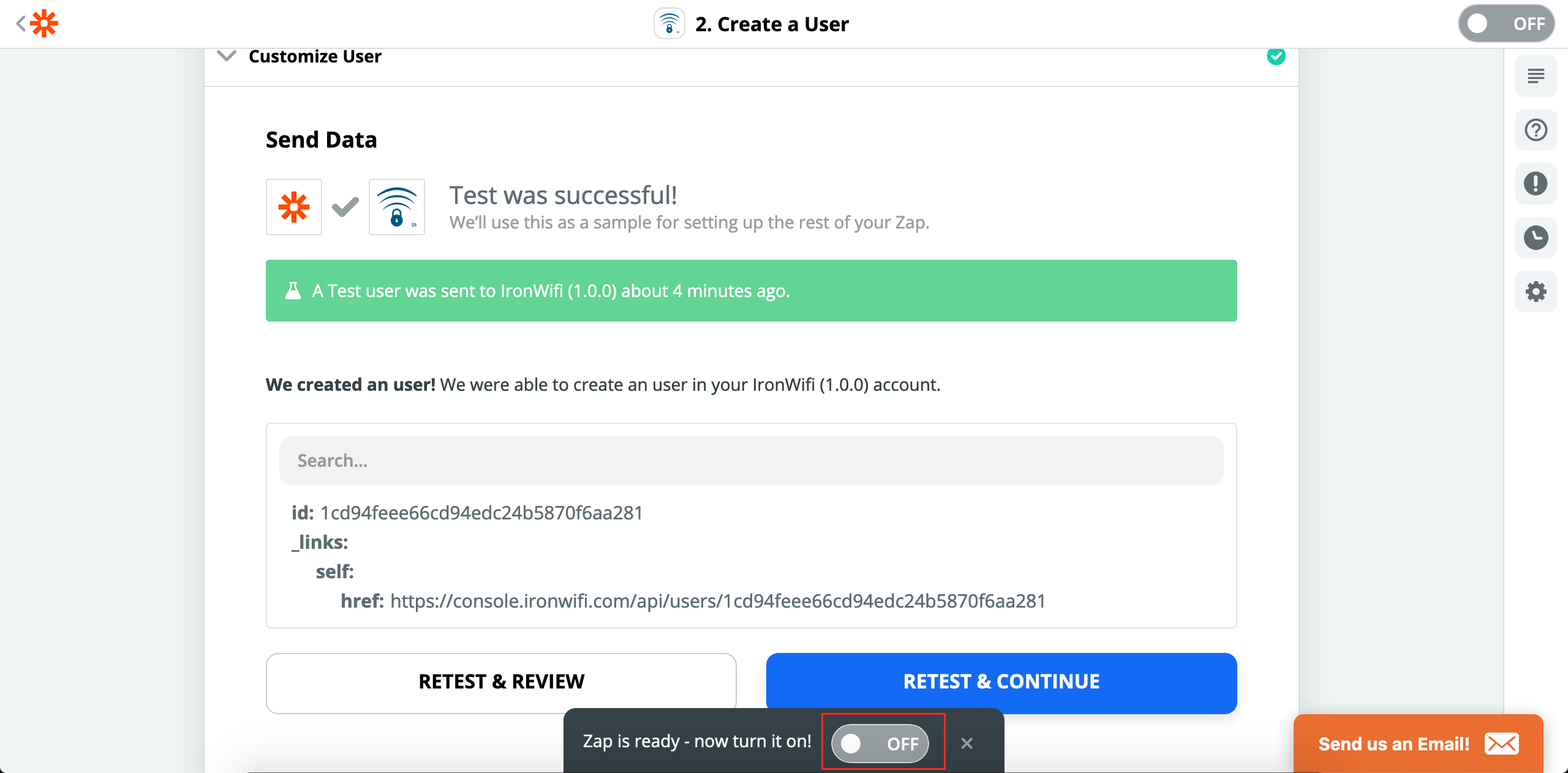Test successful - user created in IronWiFi