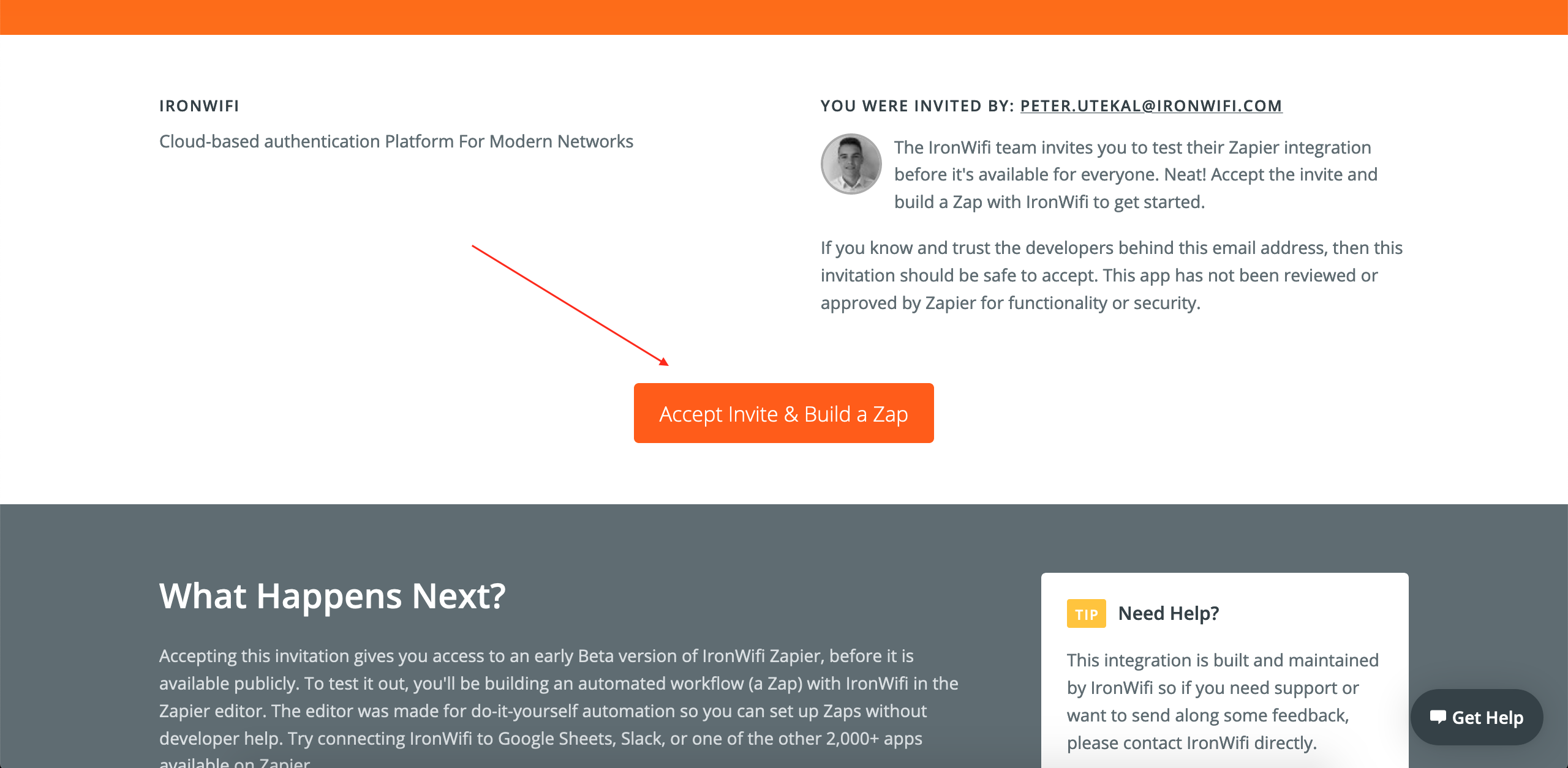 Accept Invite and Build a Zap button