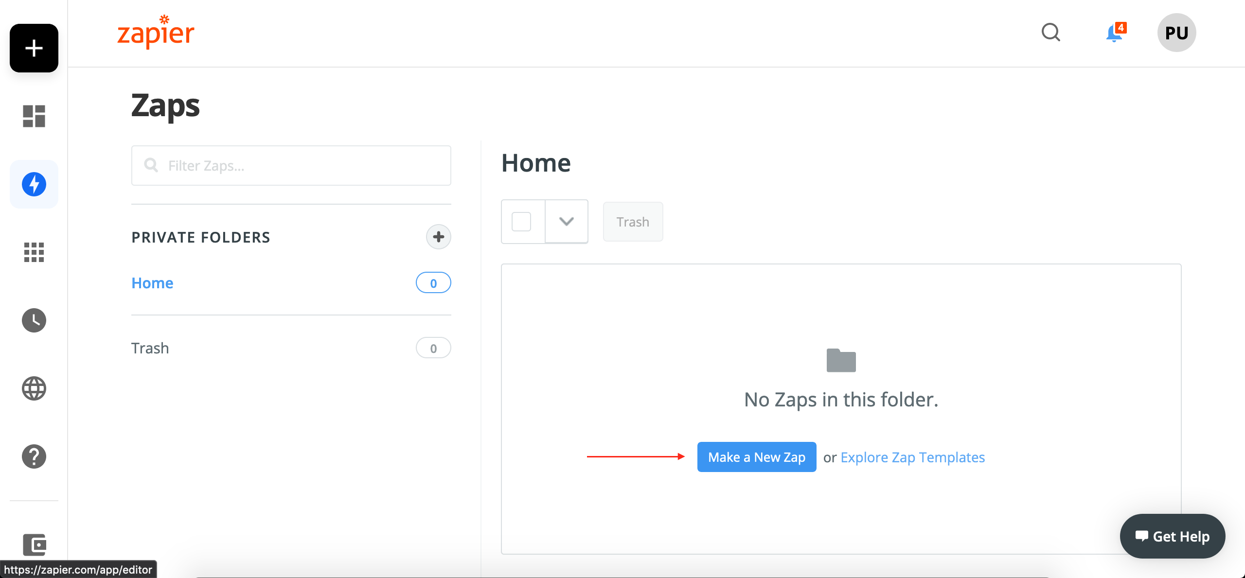 Zapier dashboard with Make a New Zap button