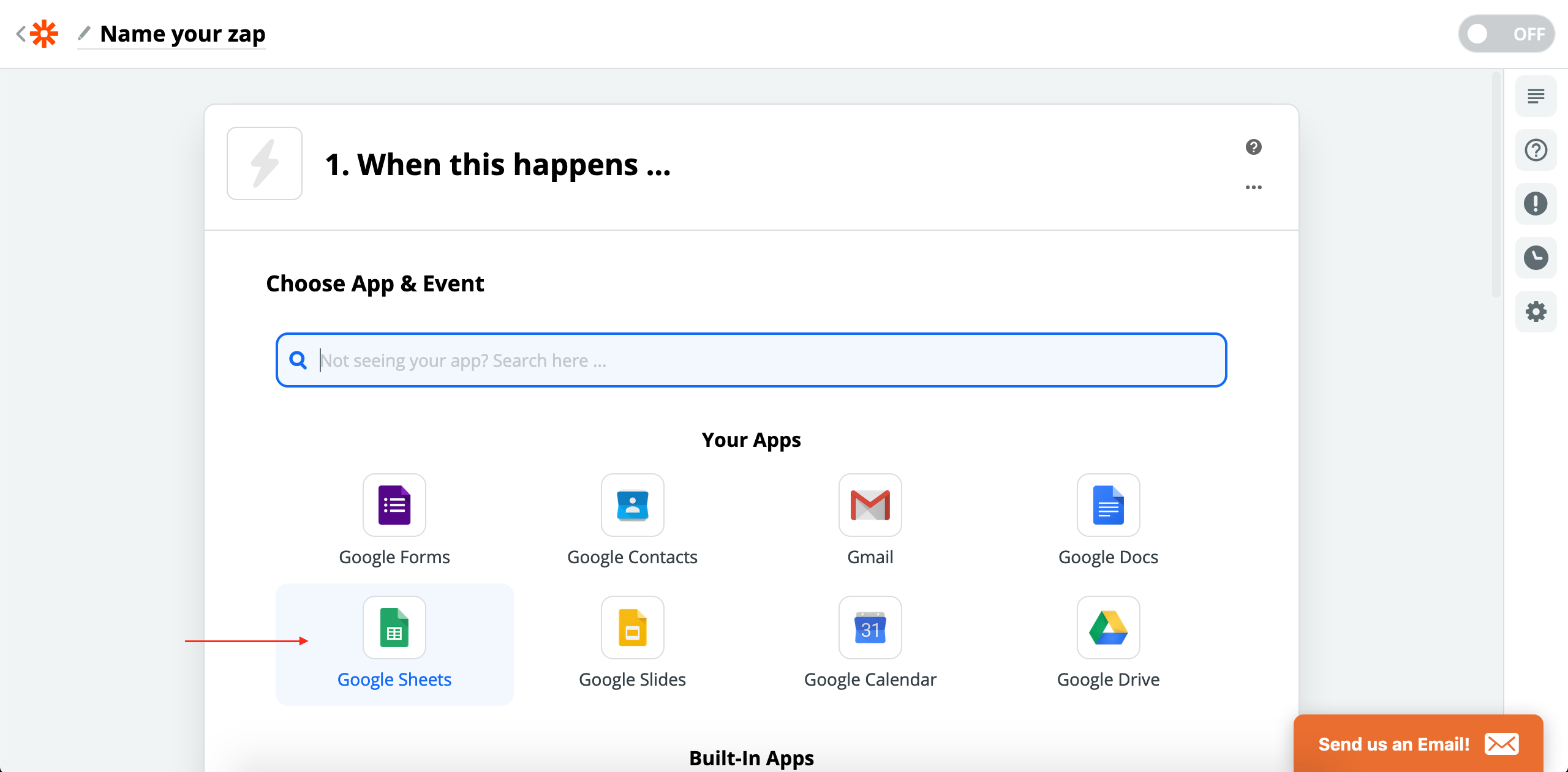 Choose trigger app - selecting Google Sheets