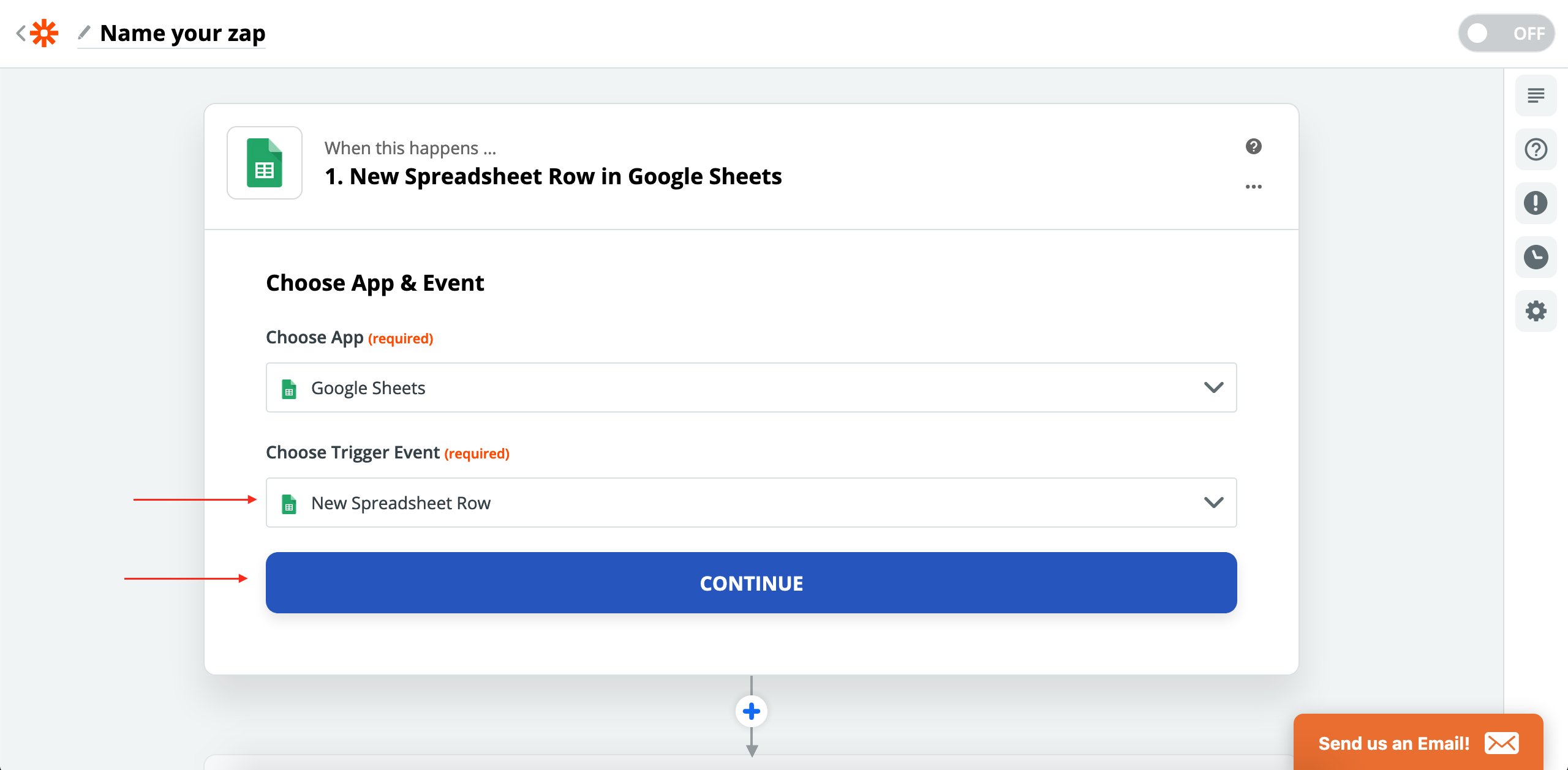 Select trigger event - New Spreadsheet Row