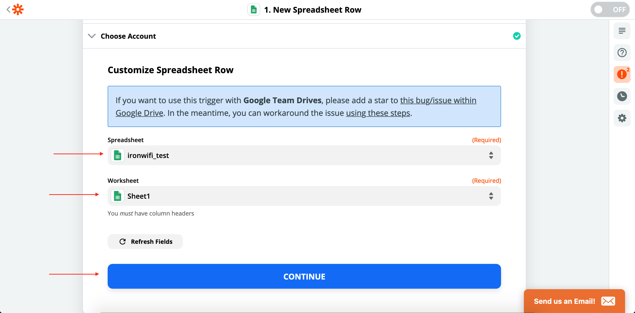 Customize spreadsheet row - select spreadsheet and worksheet