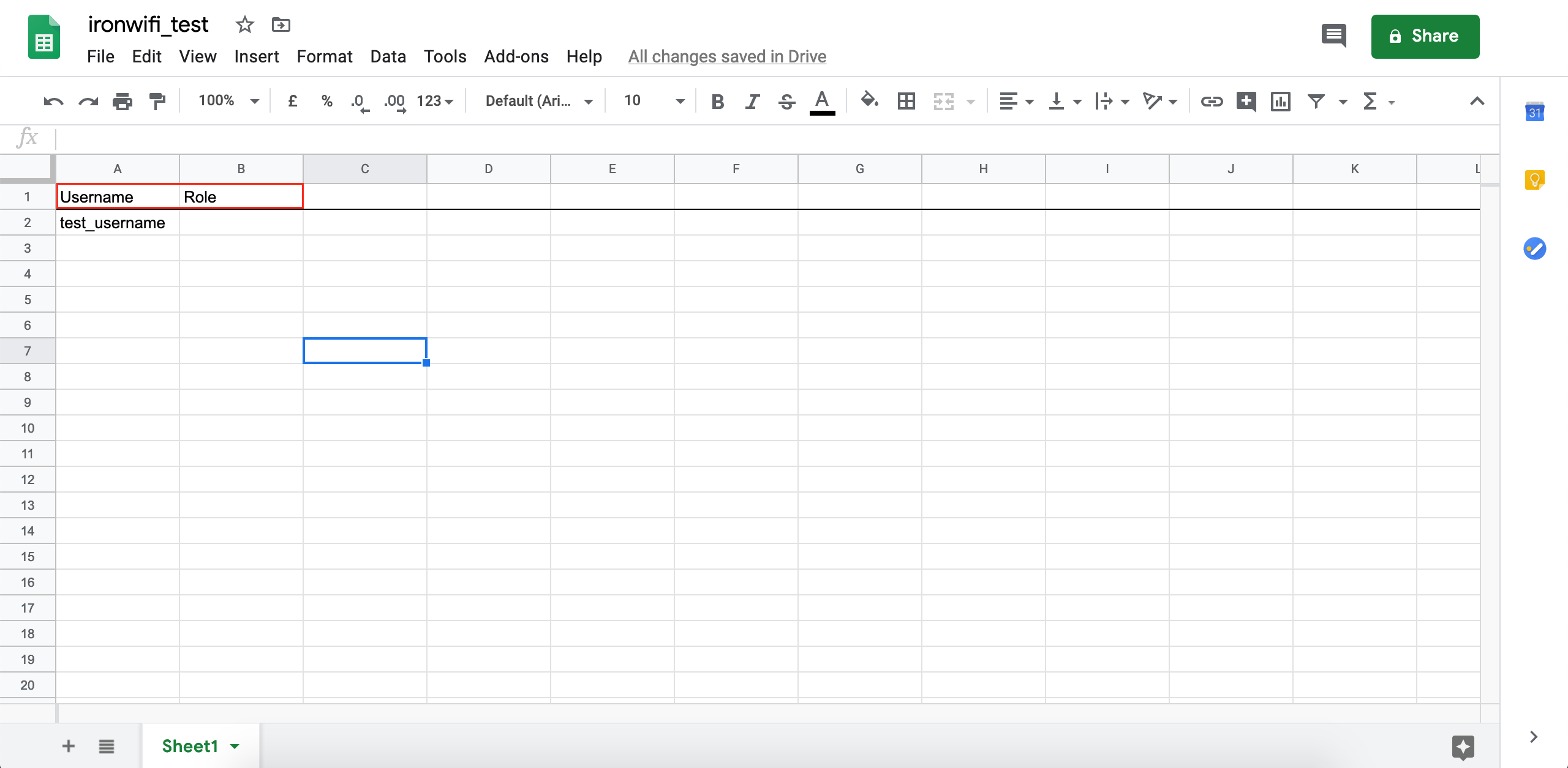 Google Sheets with test data for IronWiFi users