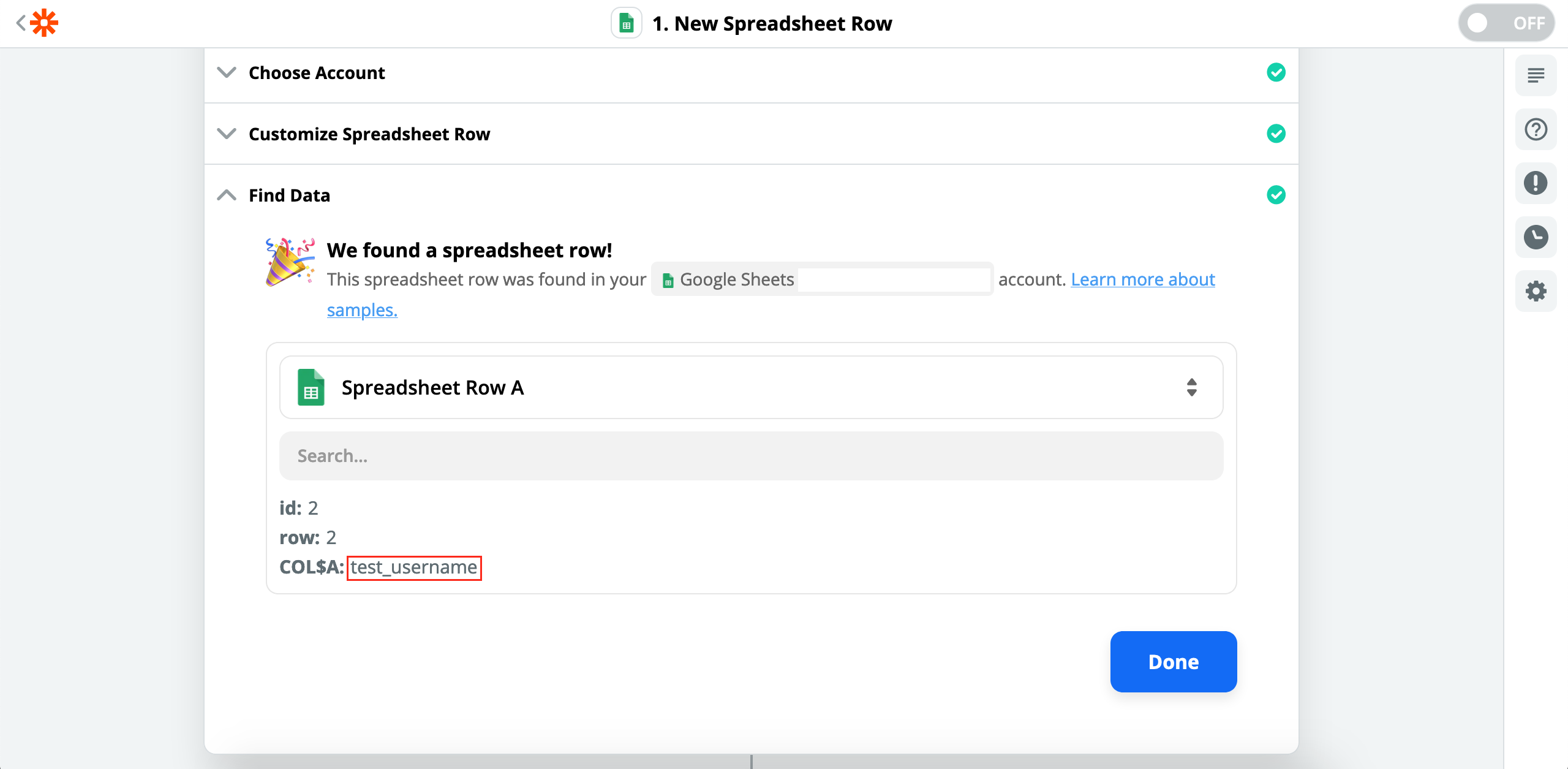 Test trigger result showing spreadsheet row data
